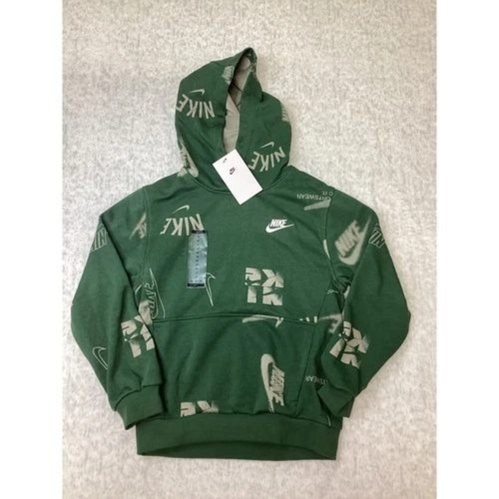 Nike Kids Green All Over Print Logo Hoodie HJ2682-323 Large L Athletic NWT